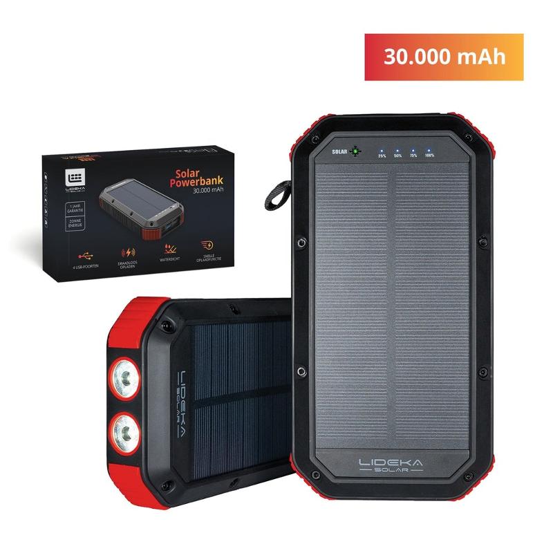 Lideka Solar Powerbank 30000 mAh - 4x USB - USB C - Wireless charge