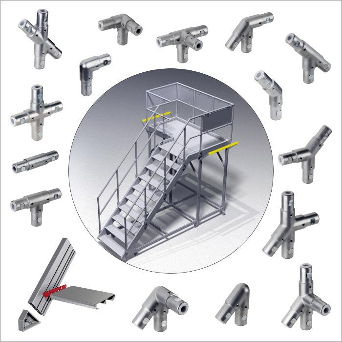 Tube connectors for industrial staircases, railings and work